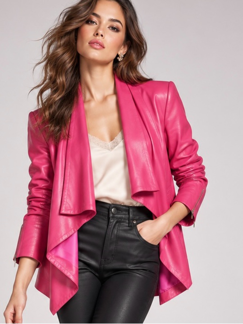 Alice + Olivia Pink Lamb Leather Draped Jacket Silk Lined M